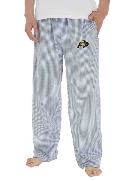Light blue and white gingham CU Boulder lounge pants with embroidered gold and black buffalo logo on left thigh, shown on model wearing a white shirt.